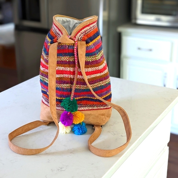 Rasta Moda Multicolor Woven Sack Backpack with Leather Bottom, Trim, & S… - Picture 2 of 14